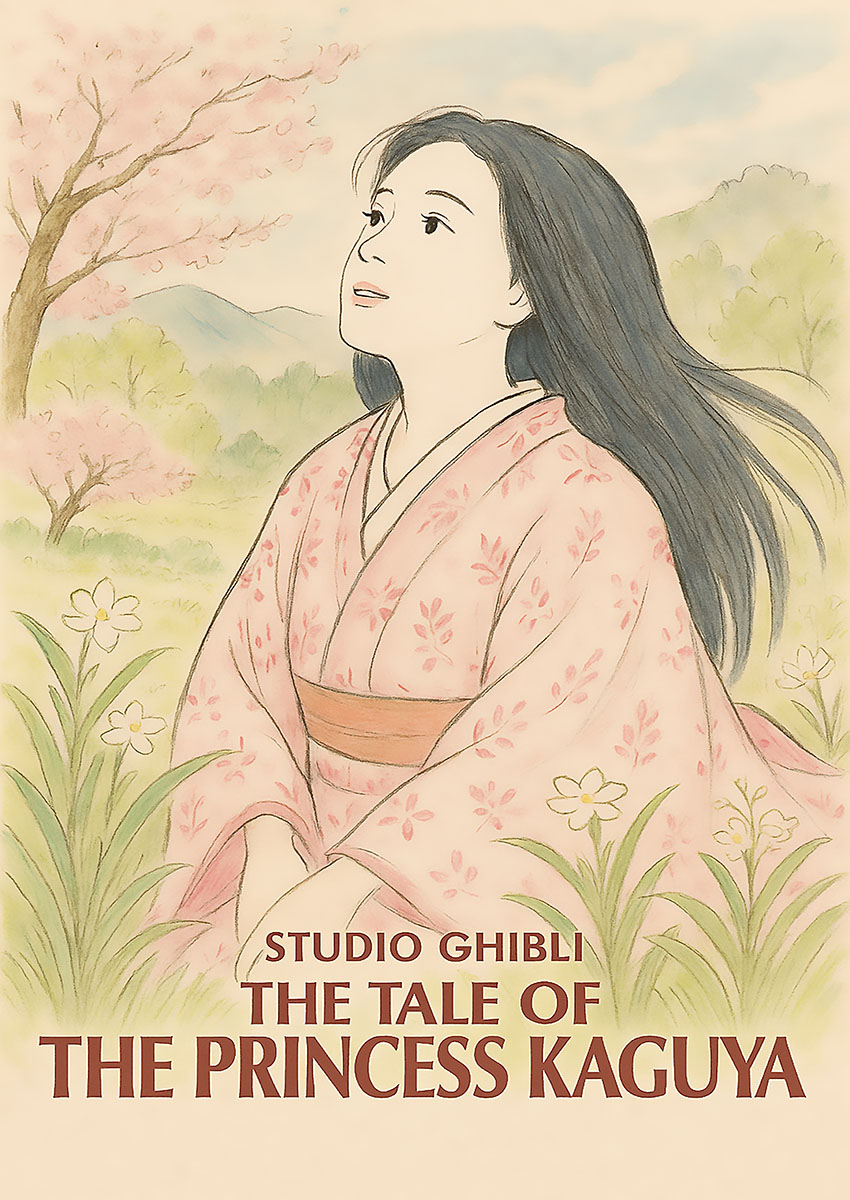 Artwork of The Tale of the Princess Kaguya, featuring a serene landscape with the main character in a pink kimono.